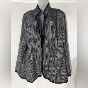 Chico's Black & White Herringbone Open-Front Blazer with Ruffle Trim Size 3/XL